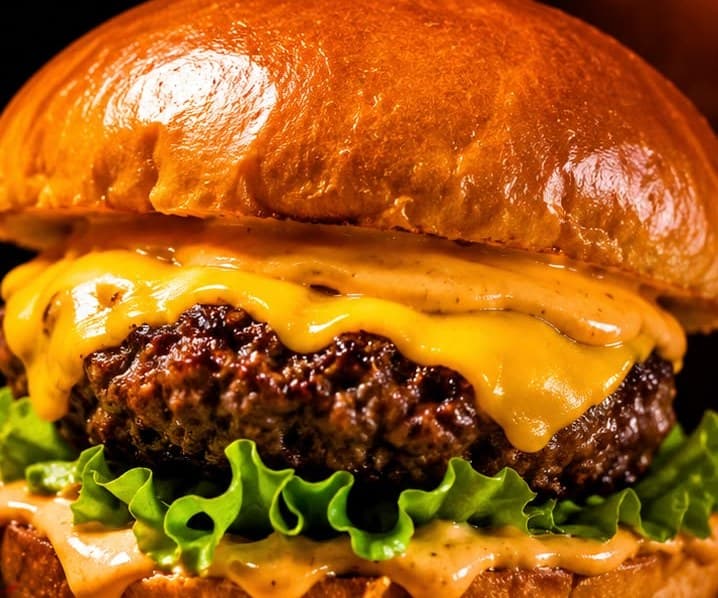 Hambúrguer artesanal da Adega do Japa com pão brioche, cheddar e alface.